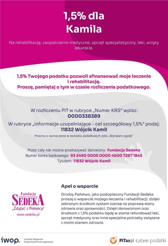 Plakat 1,5% dla Kamila Wójcika - Fundacja Sedeka